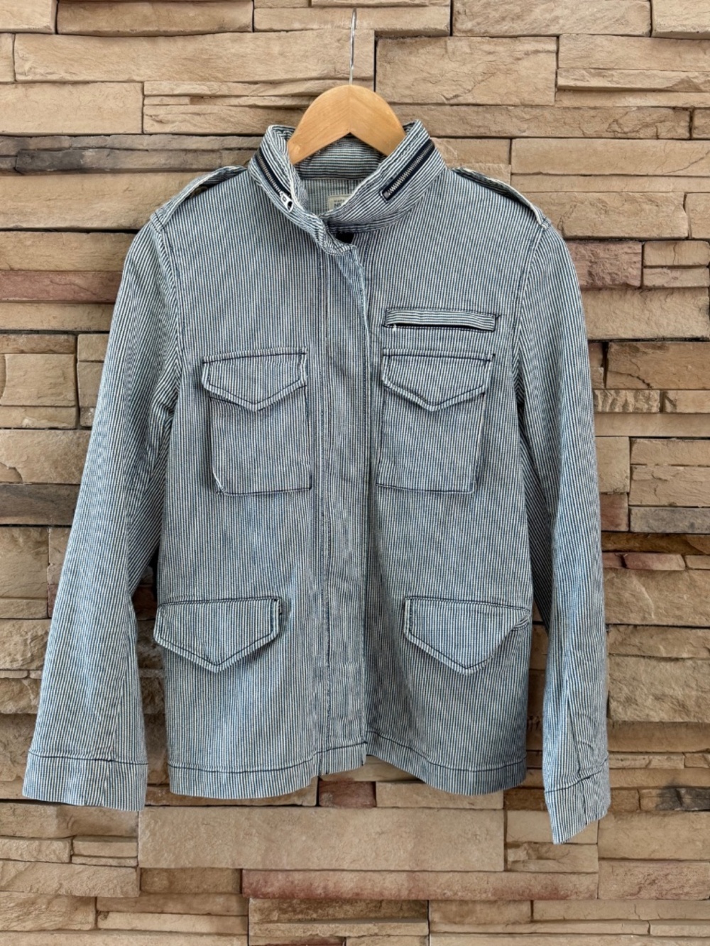 Nili Lotan Striped Denim Utility Jacket Size 10